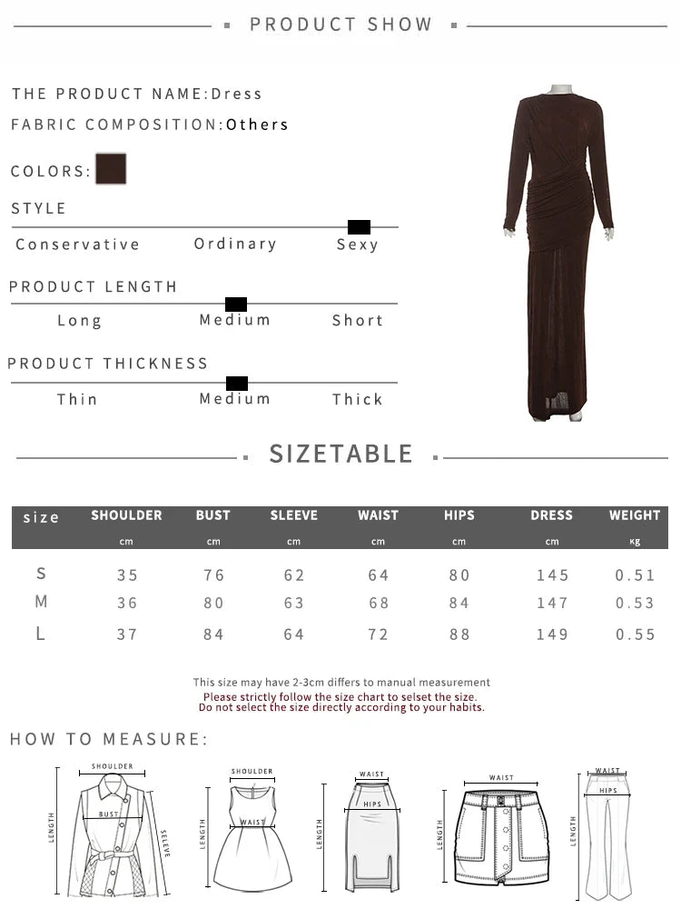 Nibber Folds Maxi Dress Women o-Neck Full Sleeve Solid Banquet Elegant Vacation Fashion Autumn Skinny Casual Simple Vestidos