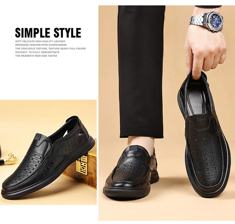 Spring Summer New Hallow Breathable Loafers for Men Fashion Casual Leather Shoes Male Solid Color Soft Sole Designer Shoes Man