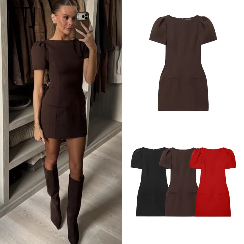 2025 women's new products are elegant and stylish Short dress with a boat neck and short sleeves with pleats  black dress