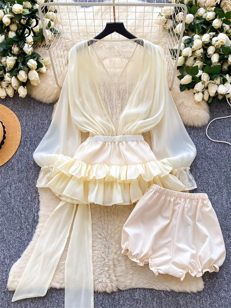 Fairycore Lace Chiffon Dresses With Stretch Shorts Pearl Button Bow Female Ruffles Sheer Seaside Holiday Mini Dress