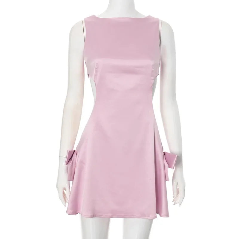 Hollow Mini Dress Women's Solid Color Sexy Waist Sleeveless Dress