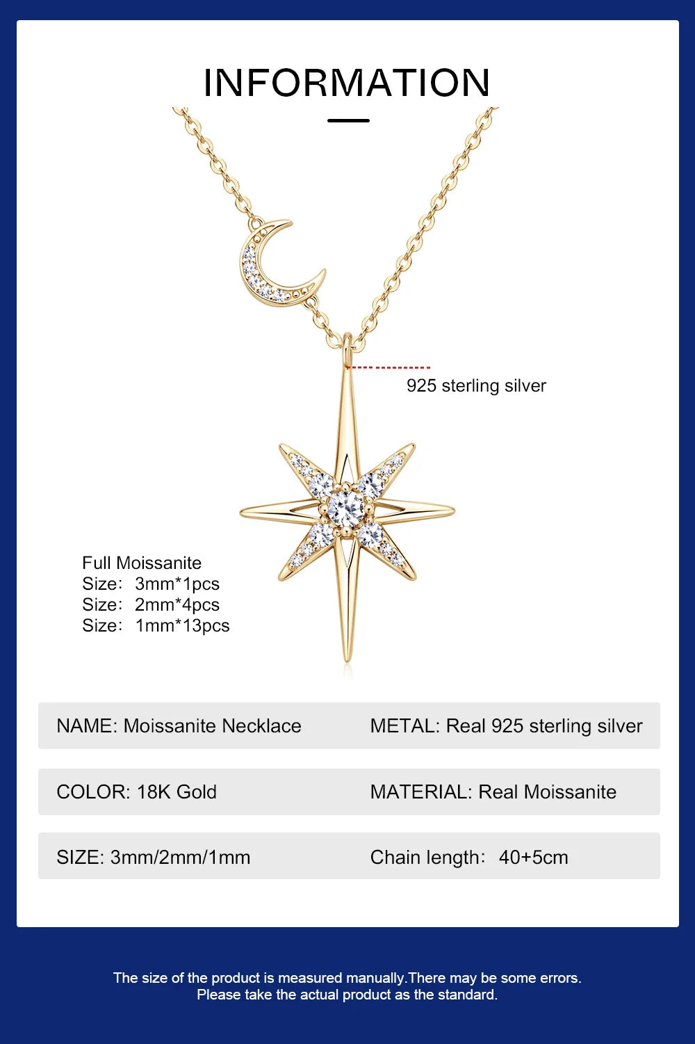 100% 925 Silver Full Moissanite Necklace for Women 18K Gold Plated Star&Moon Pendant Necklace Choker Chain Fine Jewelry Gifts
