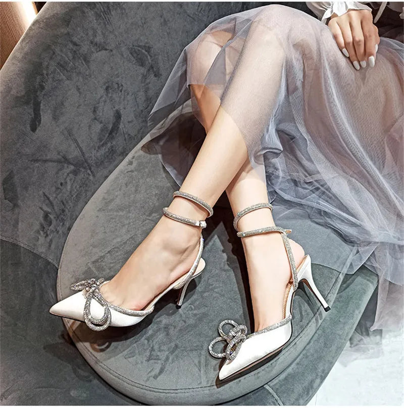 2025 New Fashion Glitter Rhinestones Women Pumps Crystal Bowknot Silk Pointed Toe Buckle Strap Thin High Heels Party Prom Shoes