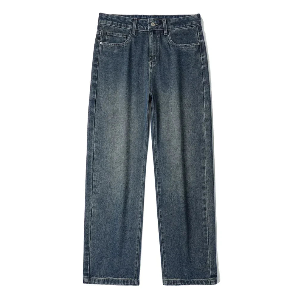 American Men's Y2K Retro Blue Denim Jeans Autumn Spring Relaxed Fit Korean Streetwear Casual Wide-leg Pants with Spliced Pockets