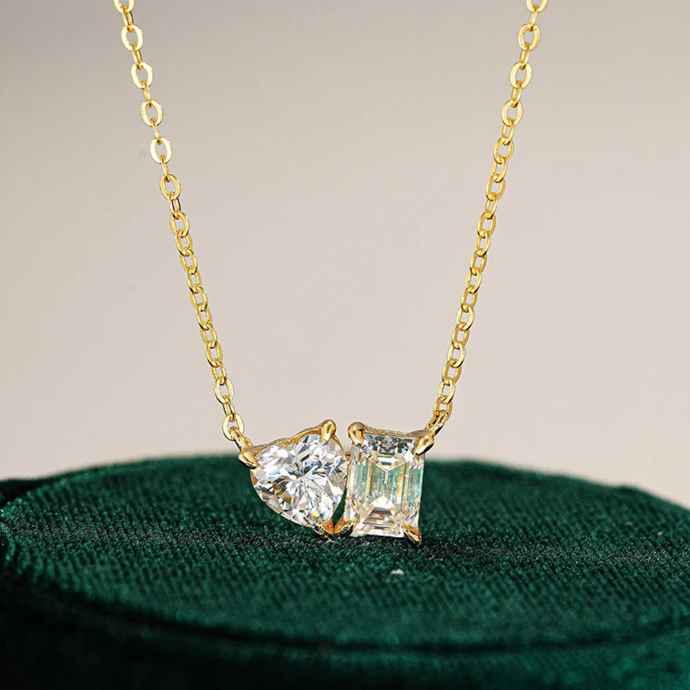 2CTTW Pear and Emerald Cut Moissanite Pendant Necklace Toi Et Moi 2 Stone Lab Diamond Necklace for Women S925 Silver 18K Jewelry