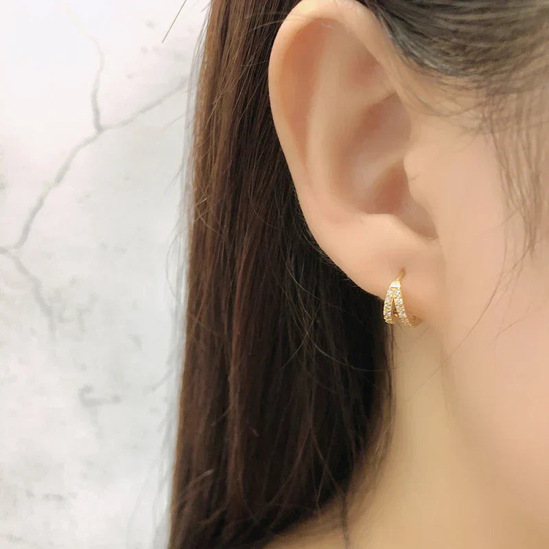925 Sterling Silver Fashion Luxury Shiny Double Layer Zircon Huggies Hoop Earrings for Women Plated 18k Gold Fine Jewelry