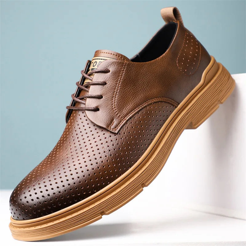 Summer Autumn New Low Top Cow Leather Shoes for Men Hallow Lace Designer Platform Shoes Male Fashion Business Casual Shoe Man