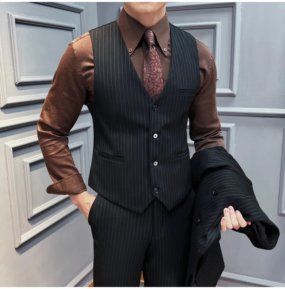 5XL-M( Vest + Pants) High-end Brand stripe Suit Vest 2 pieces Men Luxury Fashion Groom Wedding Vest Set Male Club Party Clothing