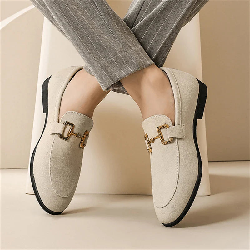 Fashion Brand Men Suede Leather Shoes Black Beige Horsebit Loafers Slip on Formal Mens Dress Shoes Wedding Office Casual Shoes