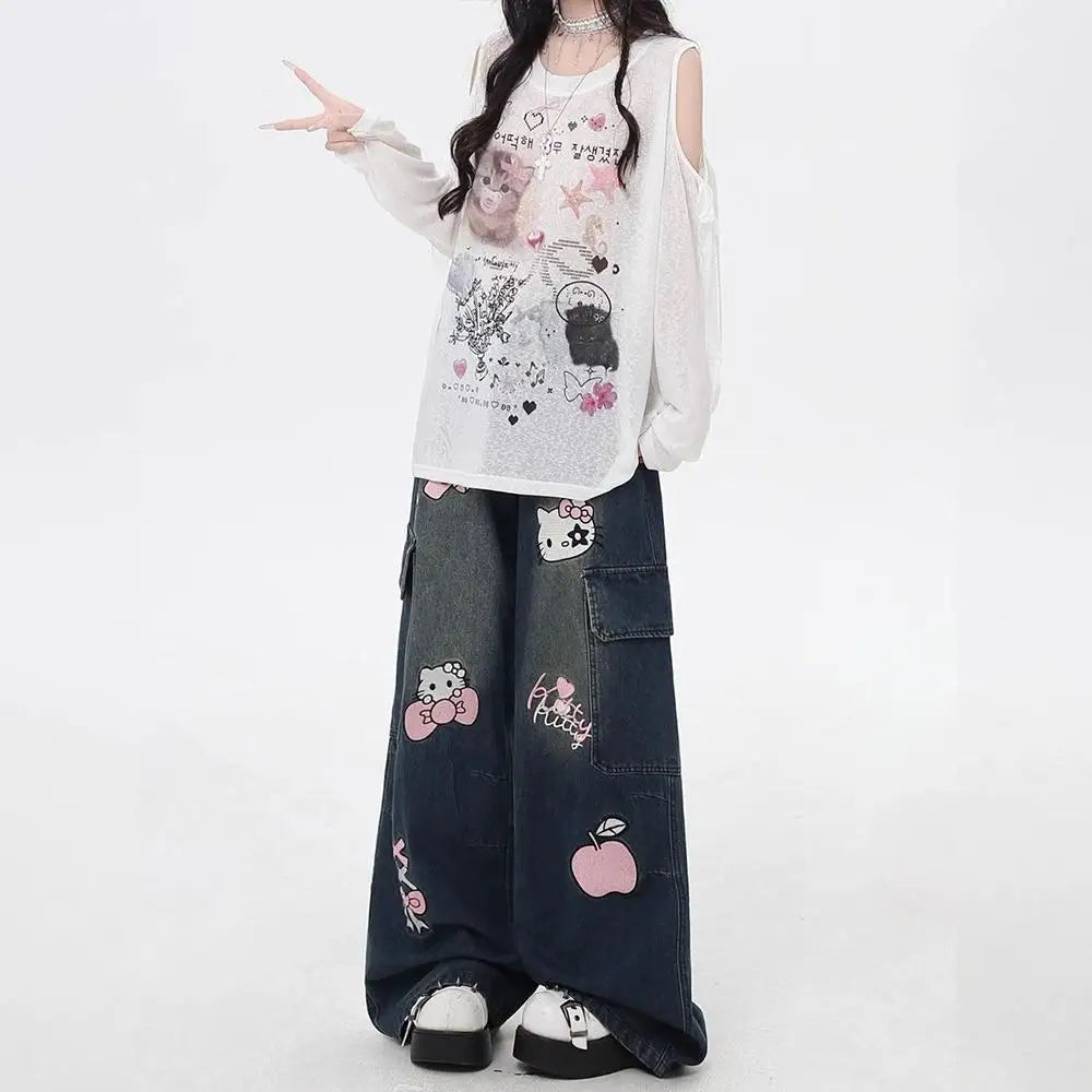 بنطلون أنمي واسع الساقين فضفاض Hello Kitty Sanrios Y2K