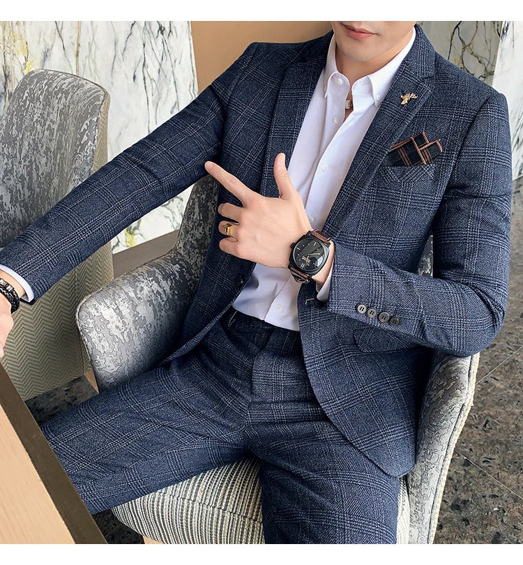 S-7XL Jacket + Pants / Luxurious High -end Brand Solid Color Men's Casual Business Slim Suit Two -piece Suit Groom Wedding Suit
