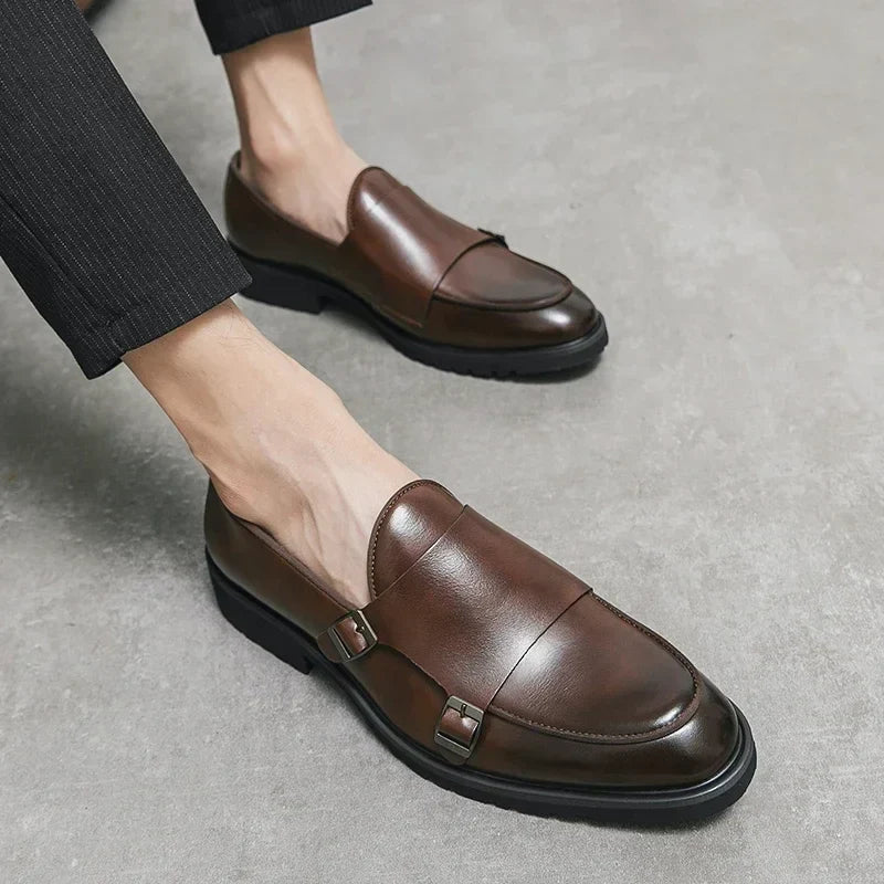 Men Fashion Formal Handmade Monk Shoes Derby  Dress Leather Gentleman Double Buckles Monk Shoes Pointed Wedding Shoes 2024