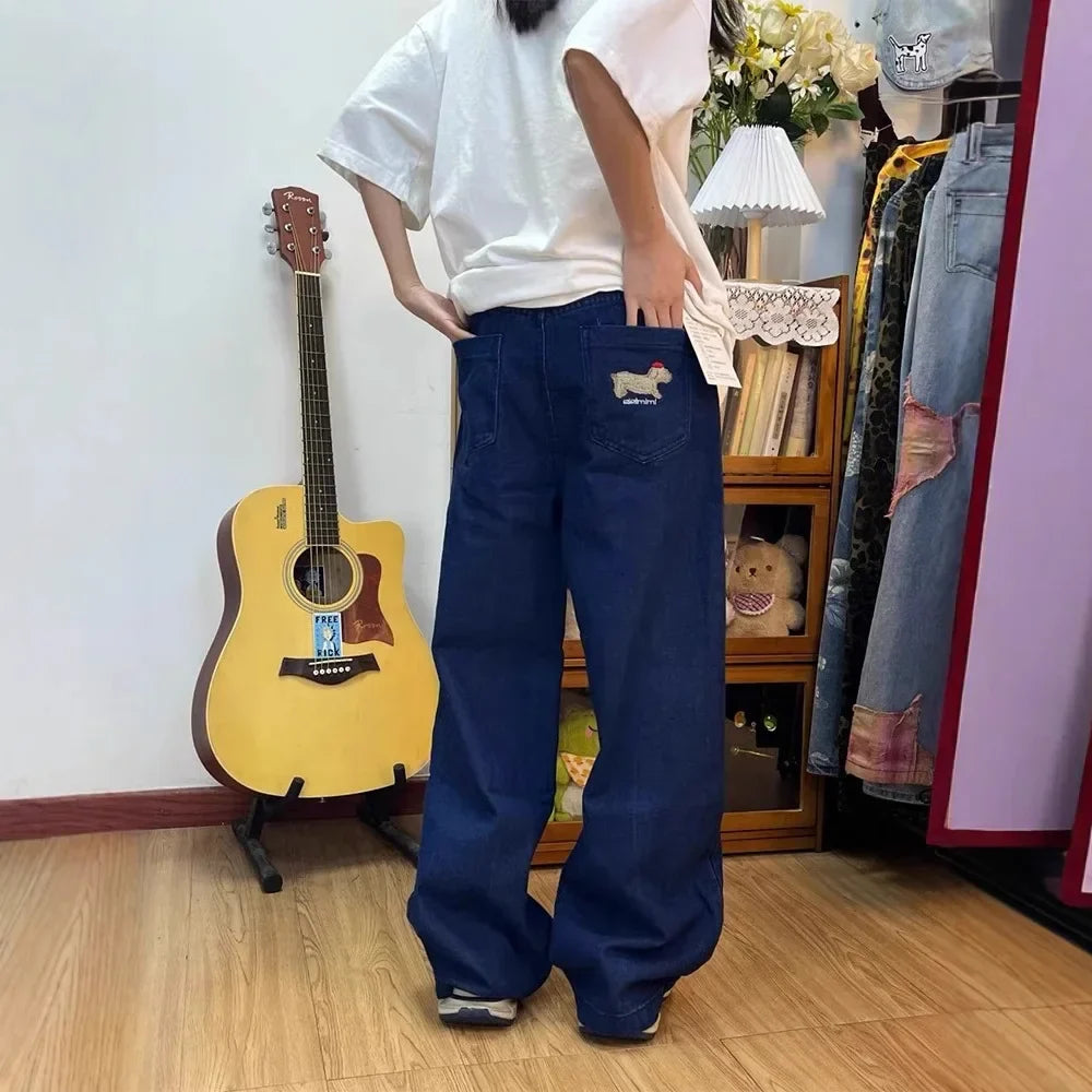 Embroidered Dog Wide Leg Jeans High Waist Loose Straight Tube Pants