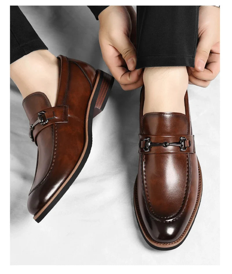 Mens Brown Burnished Genuine Leather Horsebit Loafers Slip On Formal Business Office Wedding Groom Daily Wear Shoes Simple New