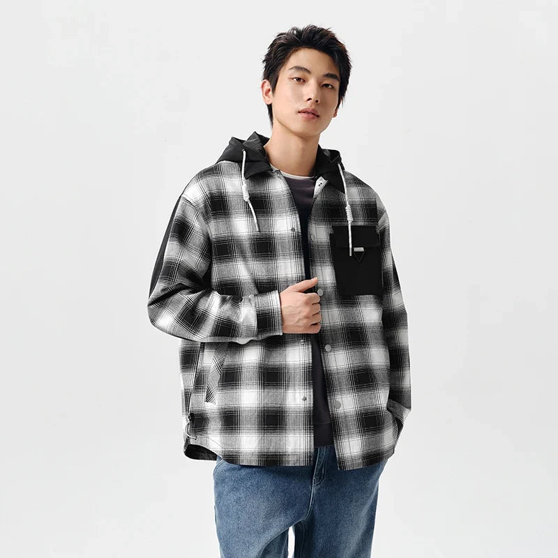 Outerwear Men 2024 Spring New Patchwork Contrast Color Checkered Top Detachable Hooded Fashionable