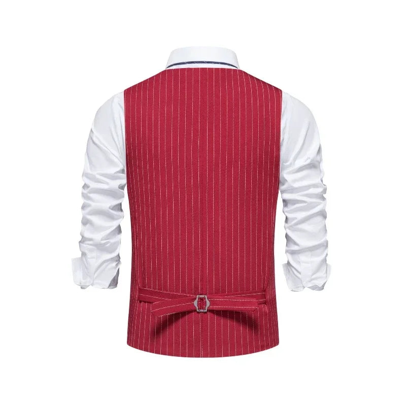2026 New Red Striped Suit Vest For Men,Fashion Business Formal Wear Casual Khaki/Black Stripes Waistcoats