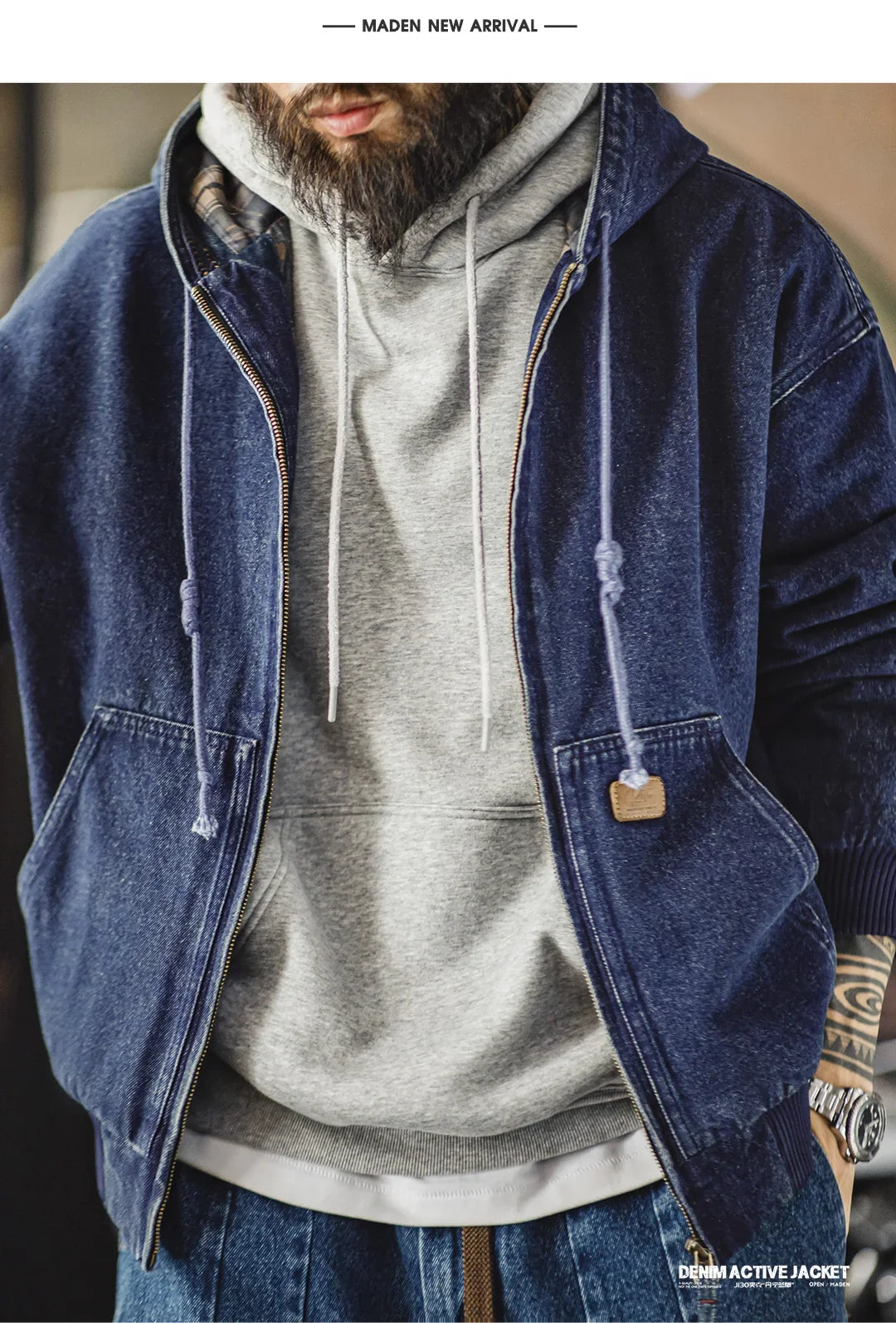 Retro Men's J130 10.5oz Denim Jacket Heavyweight Washed Aged Hooded Jacket Zipper Work Coat with Large Pockets for Fall