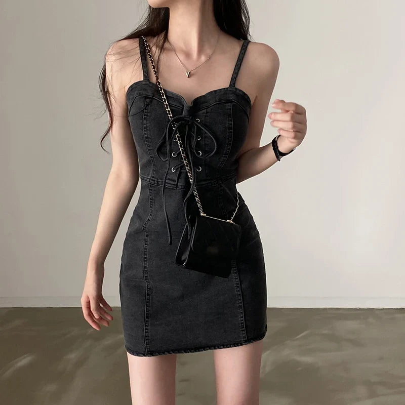 Summer Chic Design Off-oulder Denim Dr Women's Sexy Waist-Cinching Belted ort Skirt A-Line Cotton High Waist Korean Sle