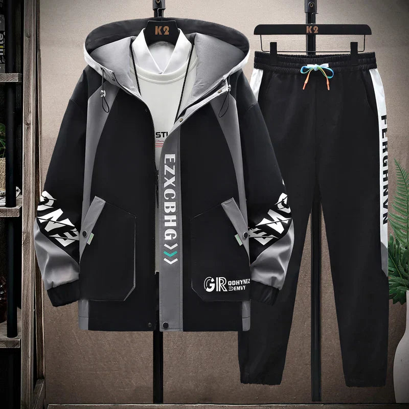 Spring Autumn Casual Men Sets Jacket + Pants Two Pieces Fashion Korean Trend Hooded Baseball Uniform Suit Man Outfit