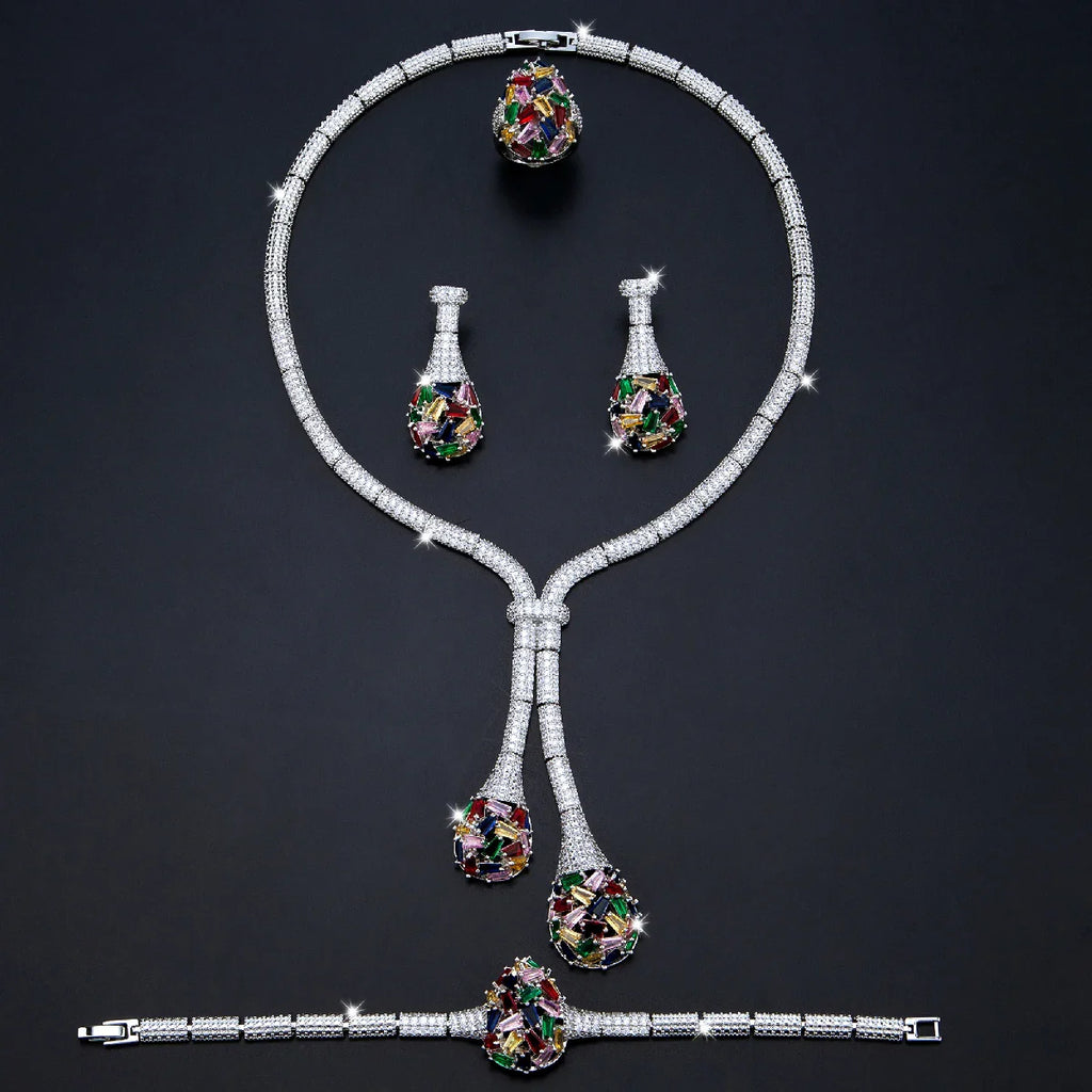 Luxury Bridal Jewelry Set Nigeria Design Cubic Zirconia Large Necklace Earrings Women's Wedding Accessory