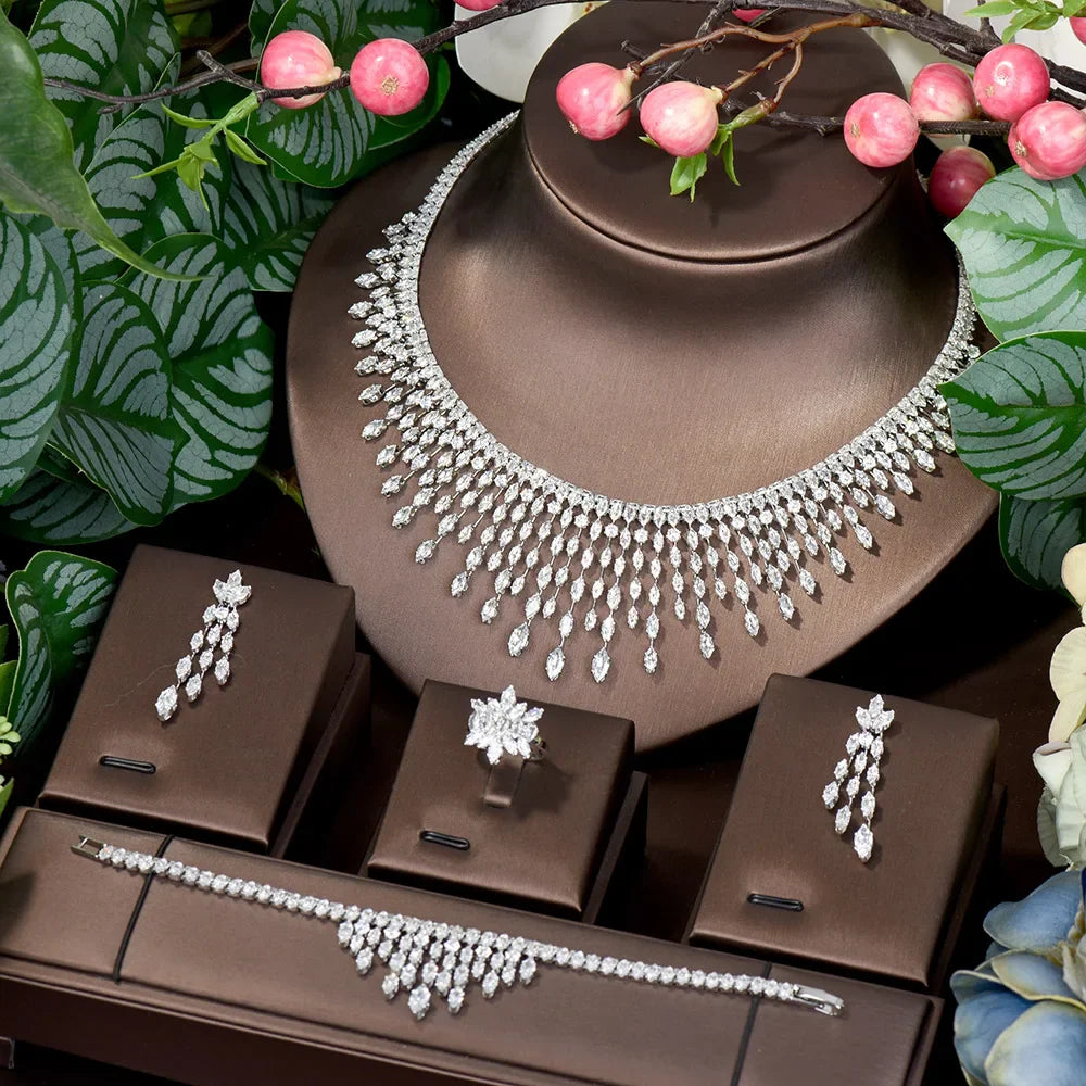 Top White Cubic Zirconia Bridal Shiny Tassel Necklace Jewelry Sets For Wedding Party Dress Accessories N-1503