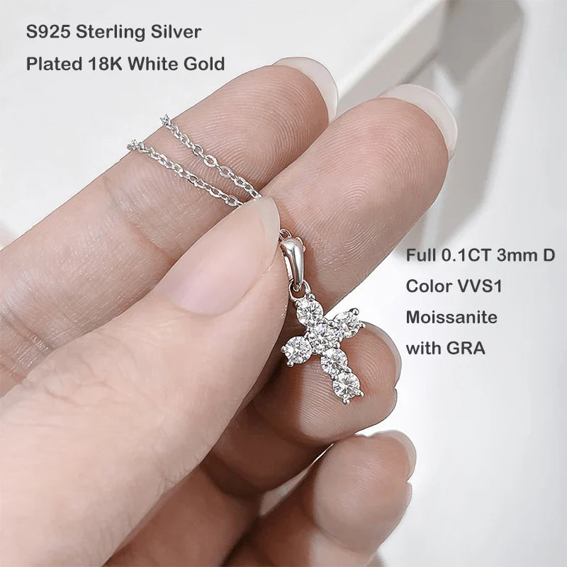 100% Real 0.6ct Moissanite Jesus Cross Pendant Necklace for Women Party S925 Sterling Silver Diamond Chain Necklaces Gift
