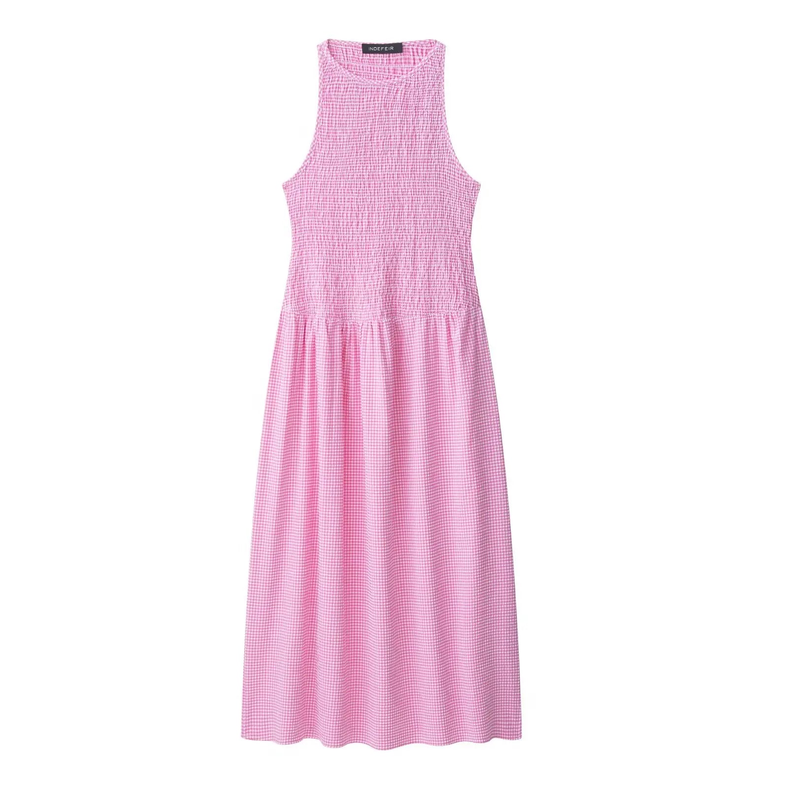 Dress for Women Fashion Summer New Plaid Fold Sleeveless O-neck Midi Vest Dresses French Chic Female Evening Clothing