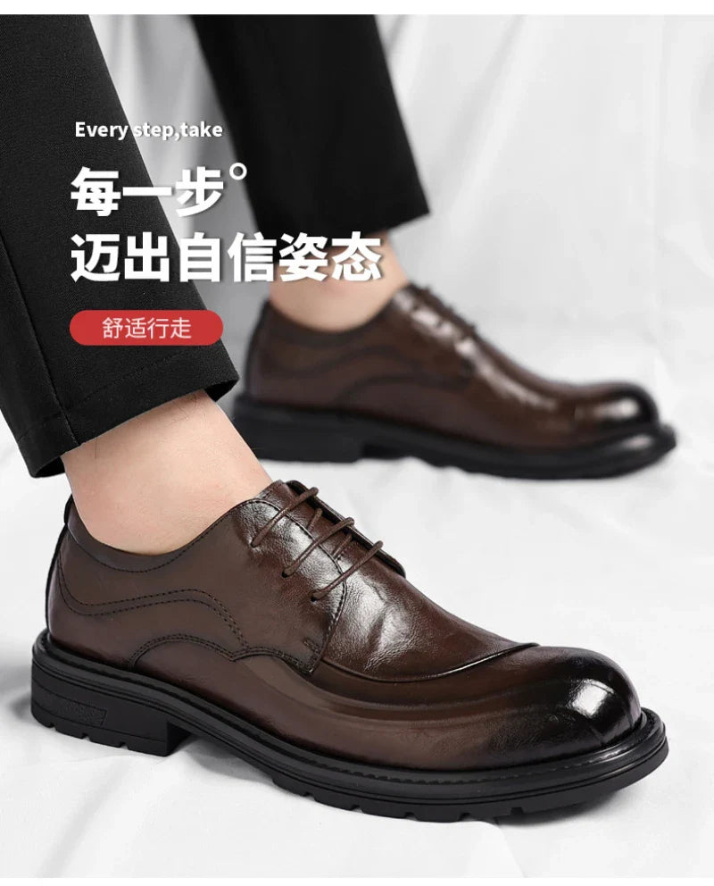 Brown Burnished Genuine Leather Lace Up Chunky Sole Formal Business Office Groom Wedding Daily Wear Shoes Fashion Comfortable