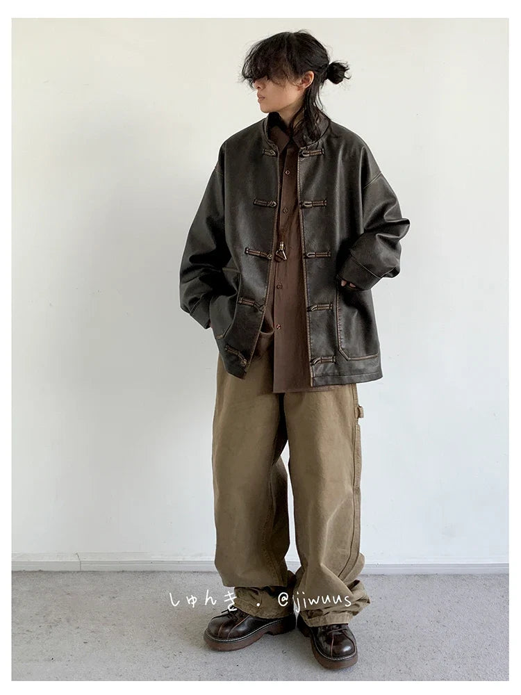 Spring Cool Oversized Vintage Distressed Pu Leather Jacket Men Elegant Luxury Designer Chinese Style Clothes 2024