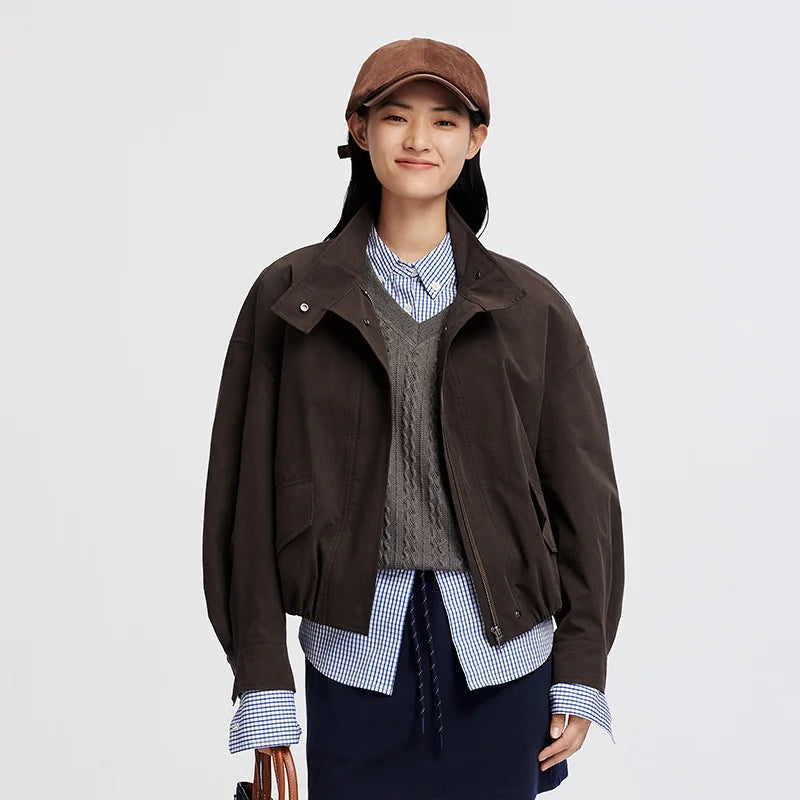Women Jacket Solid Stand Collar Bubble Hem Oversize Dropped Shoulder Casual Style Autumn Outerwear Daily Wear 2026