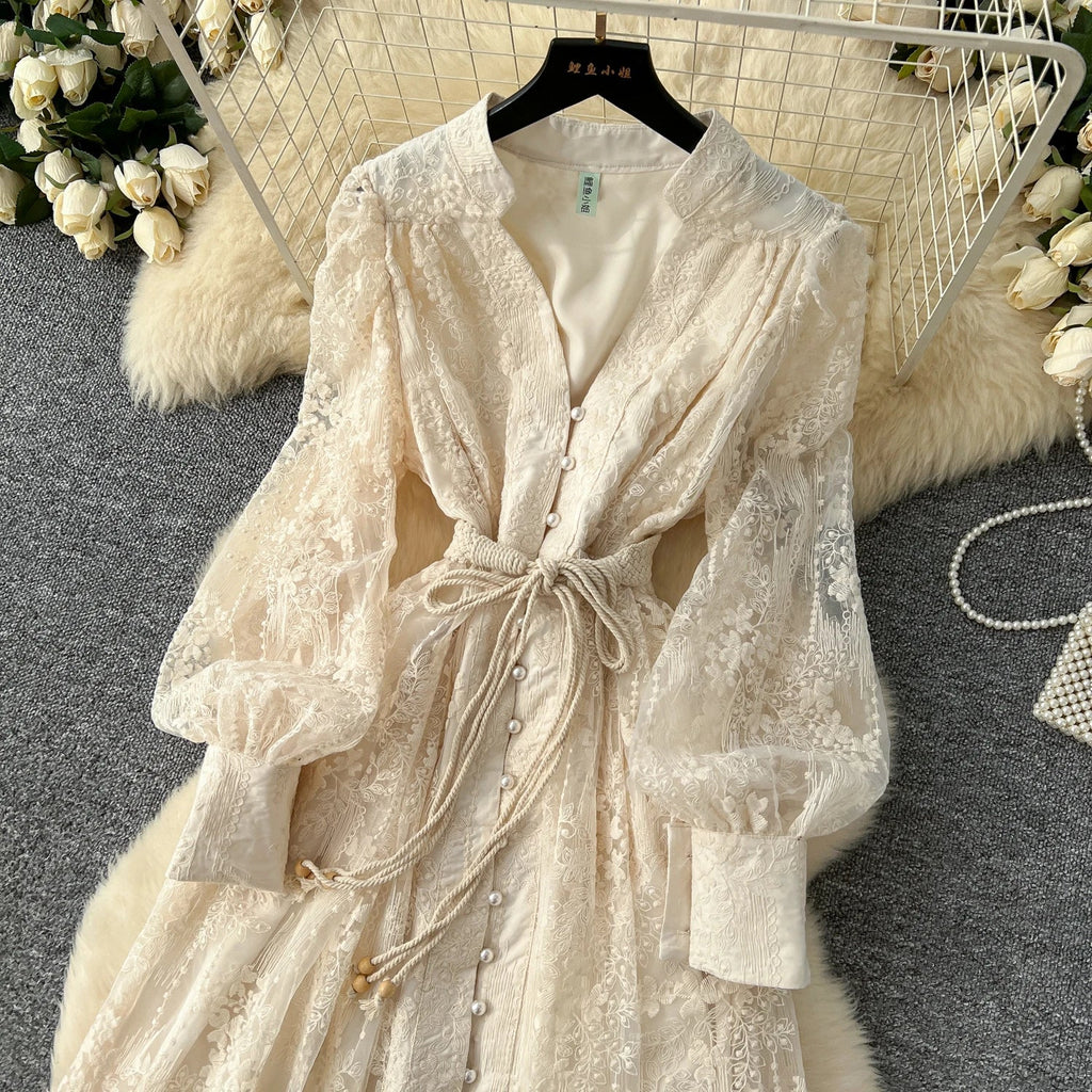 High-End Women's Dress Heavy Embroidery A-Line Long Skirt V-Neck Lantern Sleeve Single Button High Waist Korean Style Commute