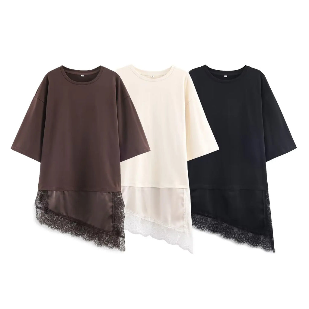 Women Vintage Solid Lace Patchwork T-Shirts Asymmetrical Hem O Neck Short Sleeve Shirt 2026 Trend High Street Lady Chic TEES