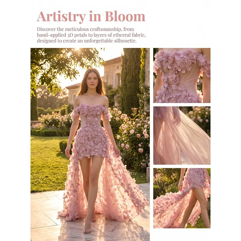 Pink Off Shoulder Mini Evening Dress 3D Handmade Floral Petal Appliques Long Train Tulle Formal Prom Gown Sexy High Split
