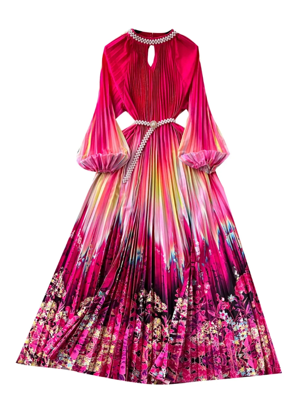 High-End Women's Dr Faionable Beaded round Ne Hollow out Pleated Lantern Sve Waist Cinched Floral Print Lon...