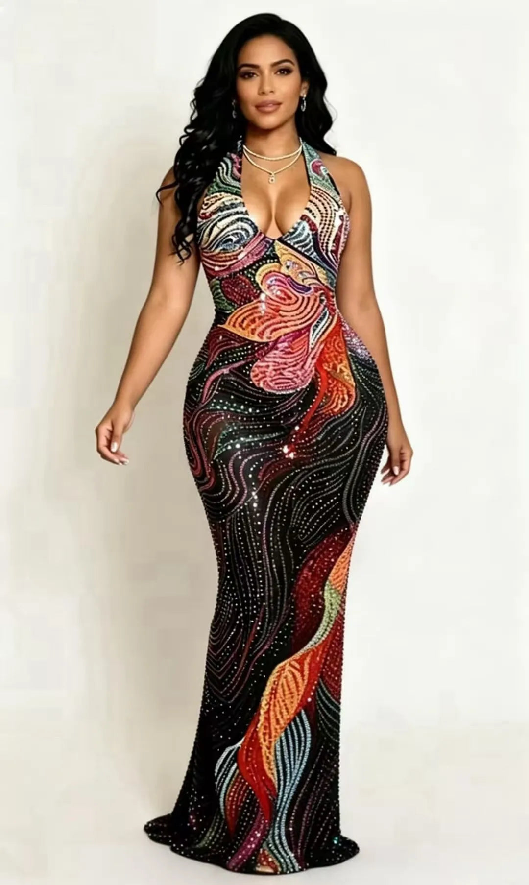 Plus Size Sexy Sheer Mesh Dress with Low Back & Colorful Rhinestones - Glamorous Nightclub & Party Gown for Women