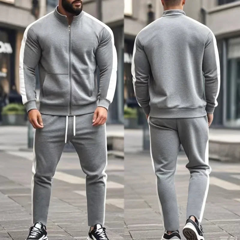 2025 Spring Autumn Men's 2-Piece Set Color Blocking Zipper Stand Collar Casual Sports Jacket Sweatshirt Trousers Suit