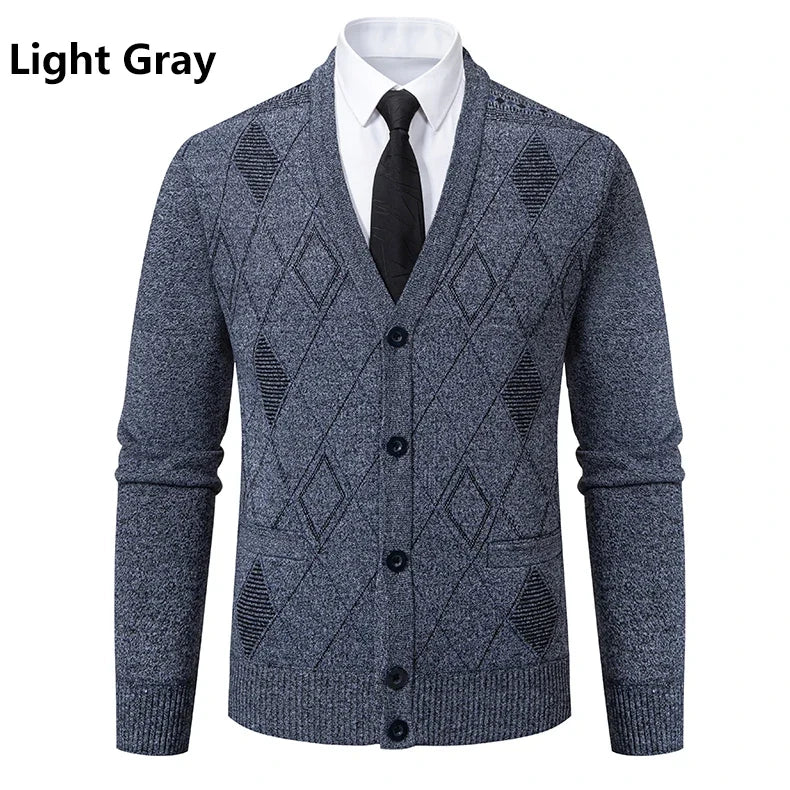 Men Plaid Cardigan V-neck Fleece Sweater Men's  Autumn Clothing Classic Cardigans Jacket Button Mens Knitting Outwear