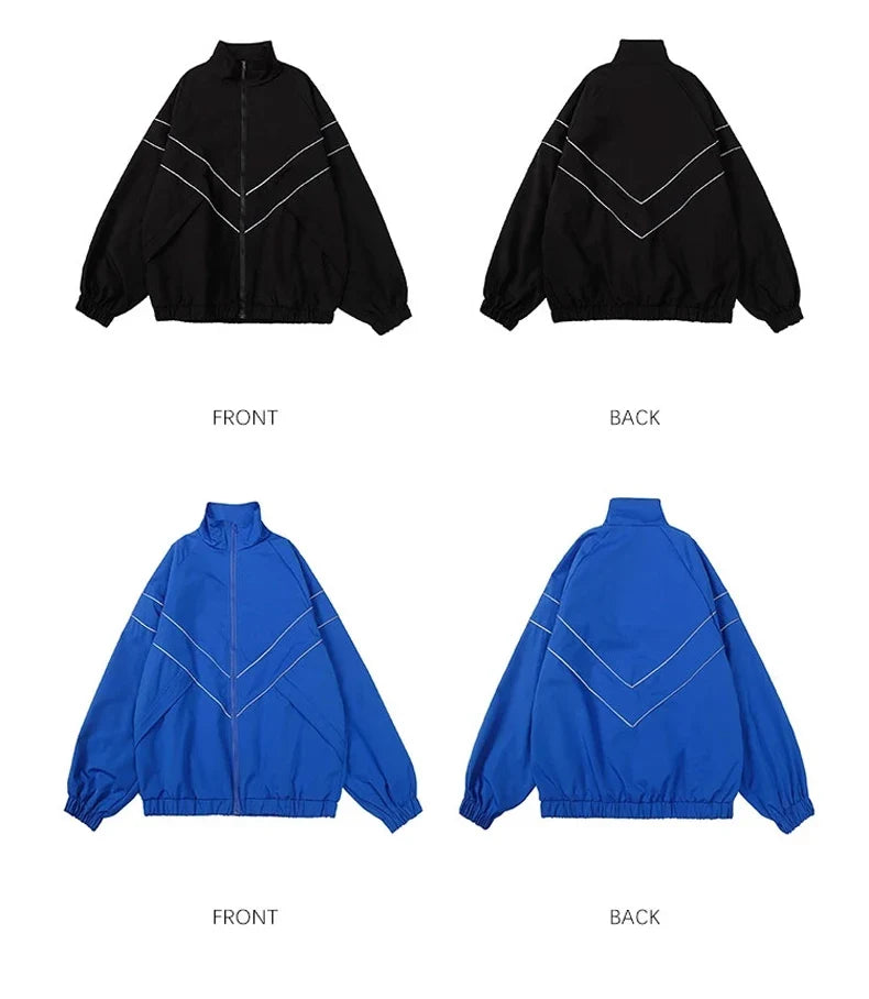 Reflective Striped Men's Jacket 2026 Hip Hop Streetwear Coats Zipper Up Jacket Windbreaker Harajuku Thin Coats Sports Black Blue