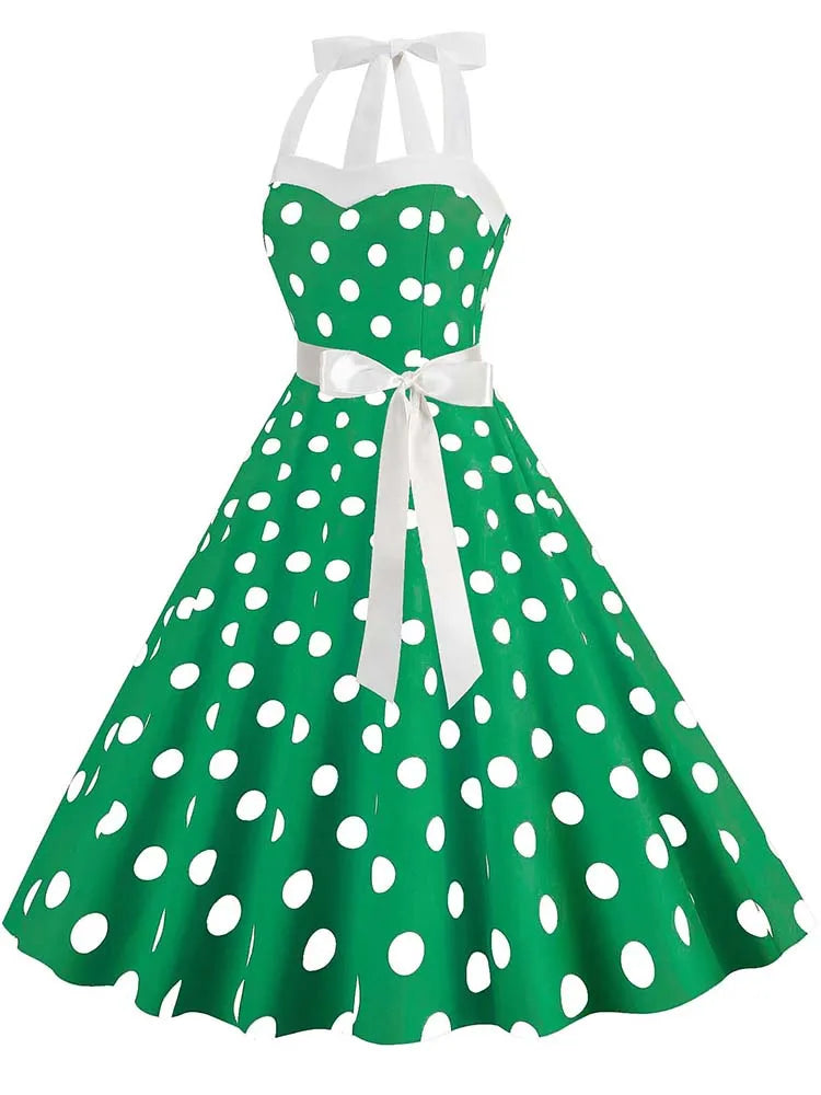Women Summer Party Dress With Belt Polka Dot Print Halter Hepburn Robe 50s 60s Vintage Dresses