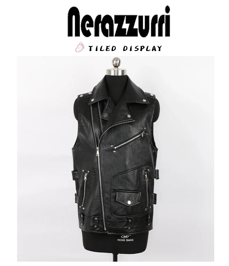 Autumn Black Motorcycle Pu Leather Vest Men Zipper Pockets Plus Size Faux Leather Biker Sleeveless Jacket 4xl 5xl
