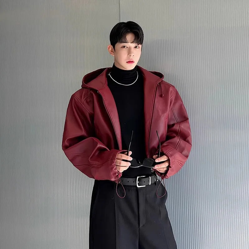 Spring Autumn Short Waterproof Black Pu Leather Jacket Men Hood Zipper High Waist Loose Casual Korean Fashion 2025