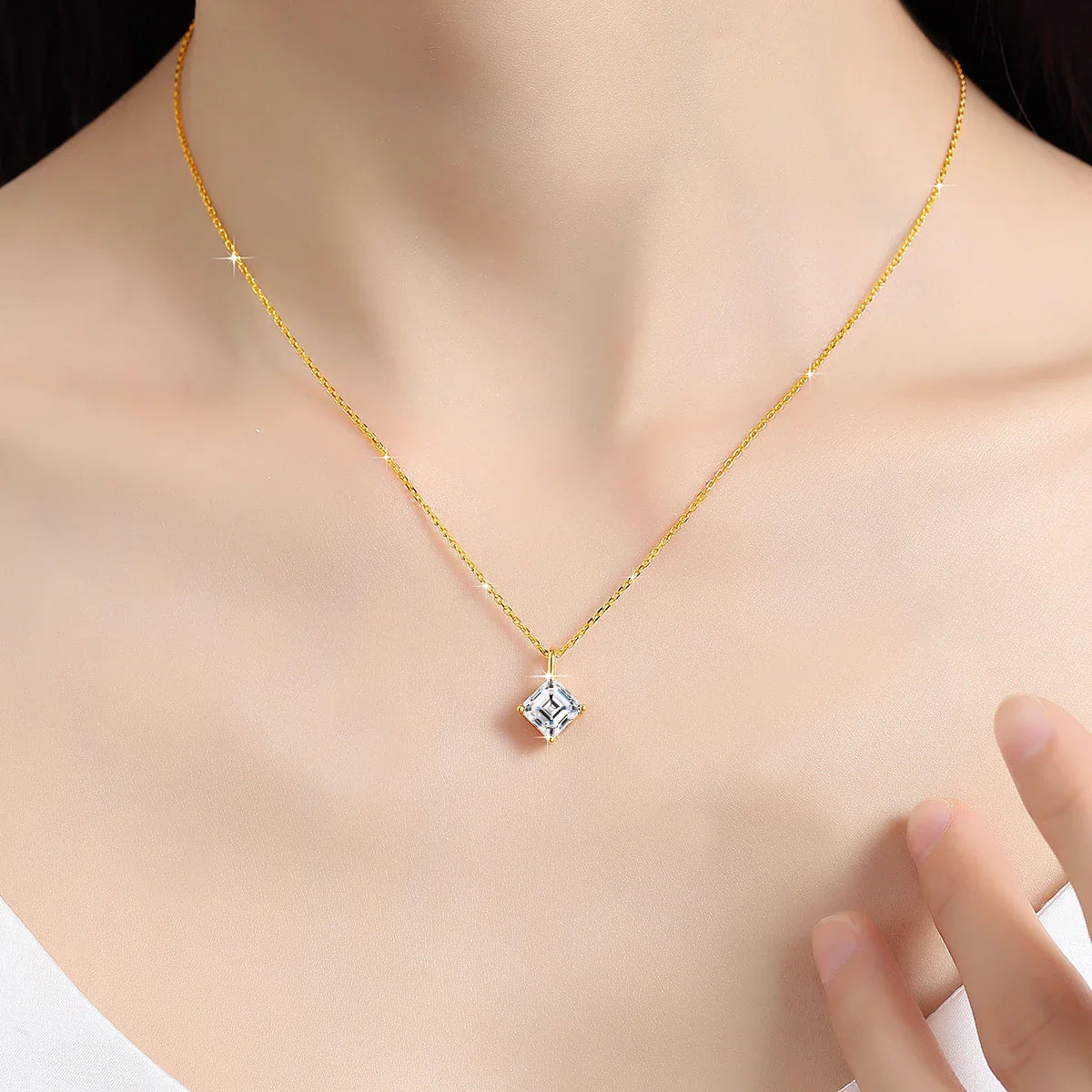 Certified 14K Gold Princess Cut Moissanite Pendant Necklace D Color VVS Square Lab Diamond Solitaire Choker Collarbone Chain