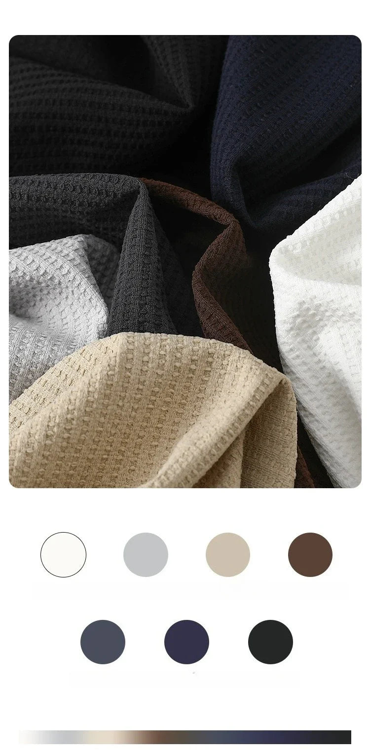 Autumn Lightweight Waffle Knit Base Layer Top  Men - Fashionable Loose Fit Versatile Long-Sleeved Round Neck T-Shirt/Sweatshirt