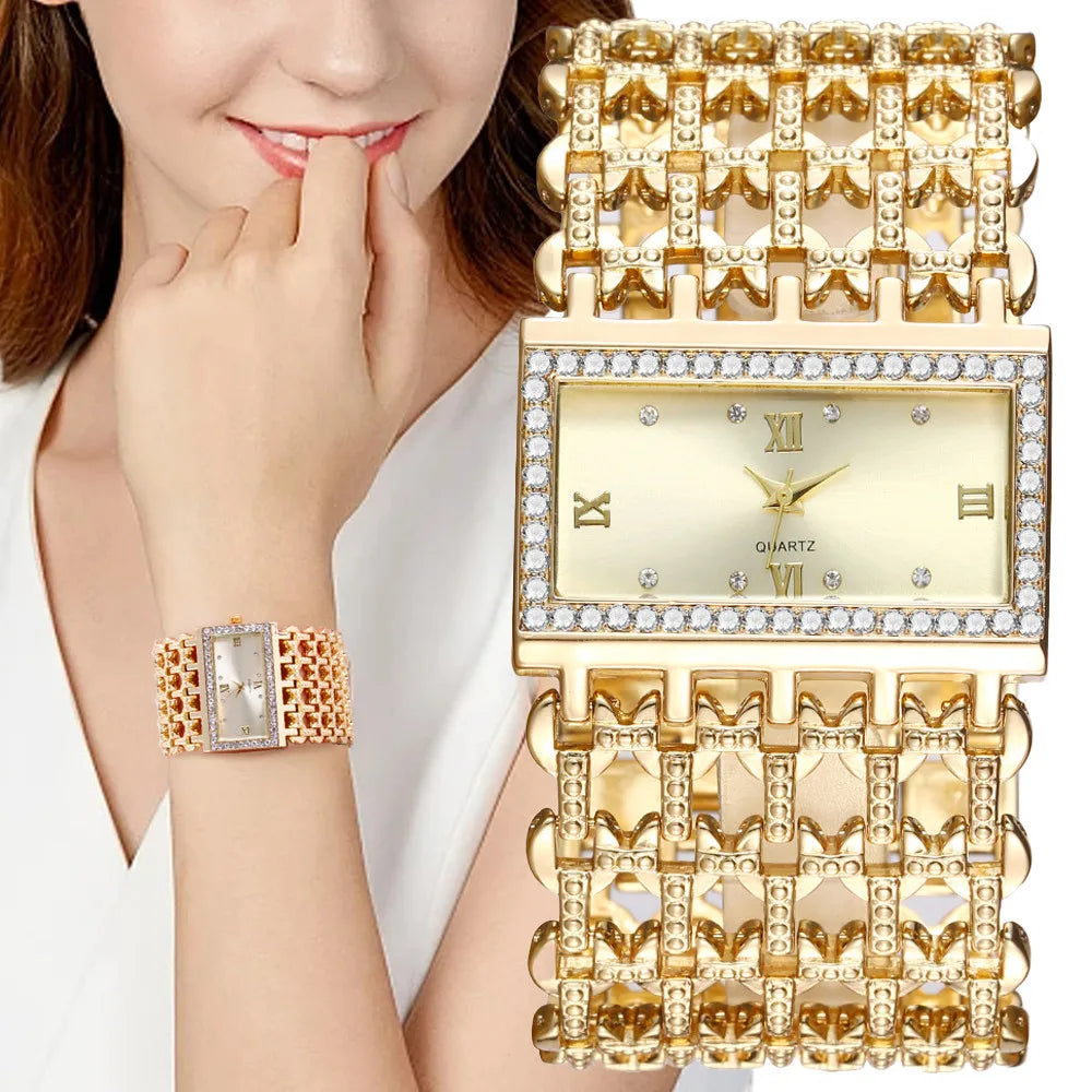 W29 New Watch For Women Fashion Light luxury Square Diamond Quartz Watches Clock Lady's Gold Stainless Steel Bracelet