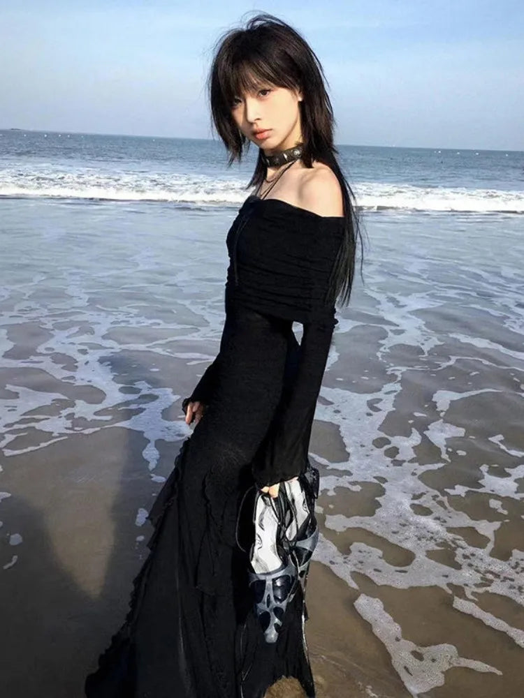 فساتين نسائية غير منتظمة بتصميم عتيق من الستريت وير باللون الأسود