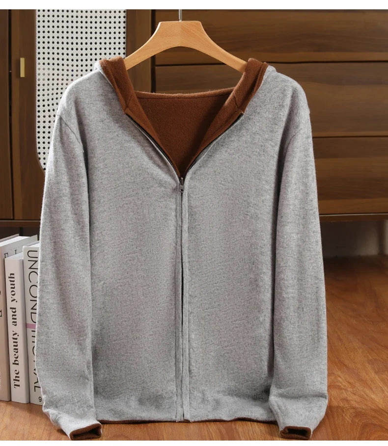 Double-Sided Hooded Zippered Men's Cashmere Cardigan Autumn and Winter Contrasting Color Thickened Loose Casual Knitted Sweater
