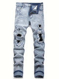 Men‘s Stretchy Denim Jeans Streetwear Tearing Patchwork Holes Ripped Denim Elastic Waist Casual Pants Slim fit Straight Trousers