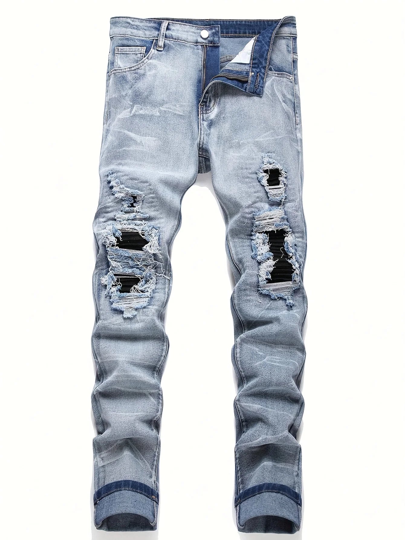 Men‘s Stretchy Denim Jeans Streetwear Tearing Patchwork Holes Ripped Denim Elastic Waist Casual Pants Slim fit Straight Trousers