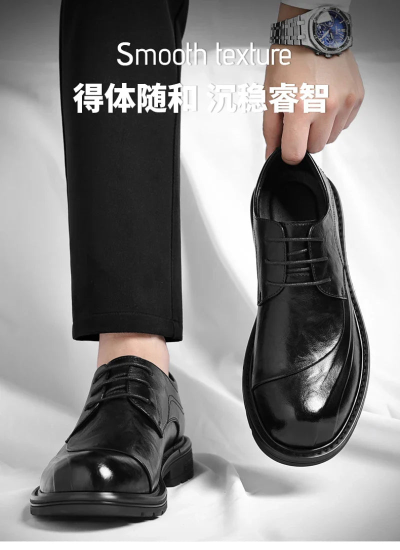 Brown Burnished Genuine Leather Lace Up Chunky Sole Formal Business Office Groom Wedding Daily Wear Shoes Fashion Comfortable