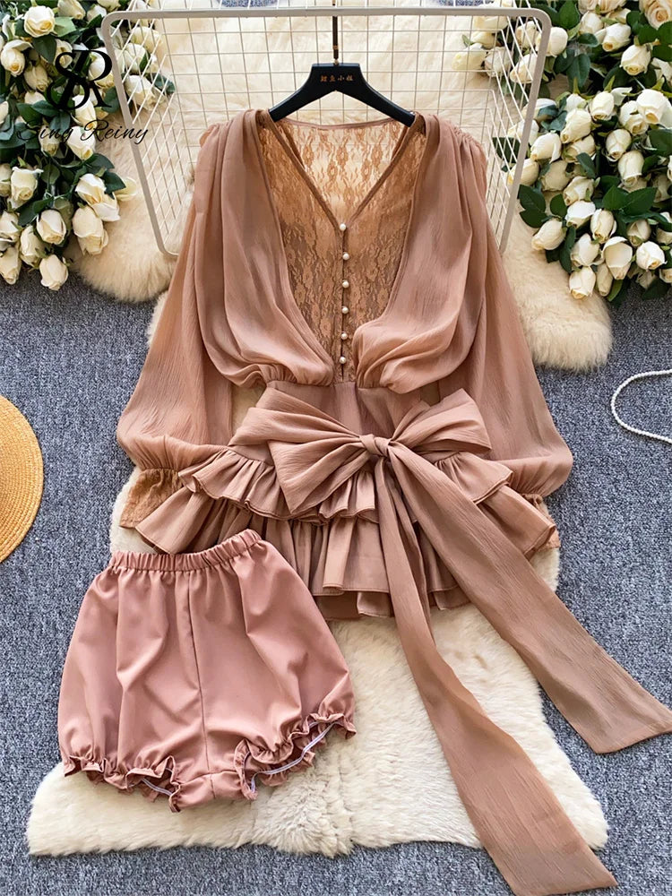 Fairycore Lace Chiffon Dresses With Stretch Shorts Pearl Button Bow Female Ruffles Sheer Seaside Holiday Mini Dress